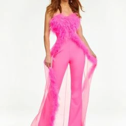 Ashleylauren Jumpsuits & Rompers Ashley Lauren 11133 Strapless Scuba Jumpsuit With Feather Trimmed Overskirt
