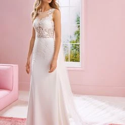 Mermaid Dresses White One Bridal FLOHIO Pronovias Wedding Dress Crepe Mermaid Sheer Lace Back