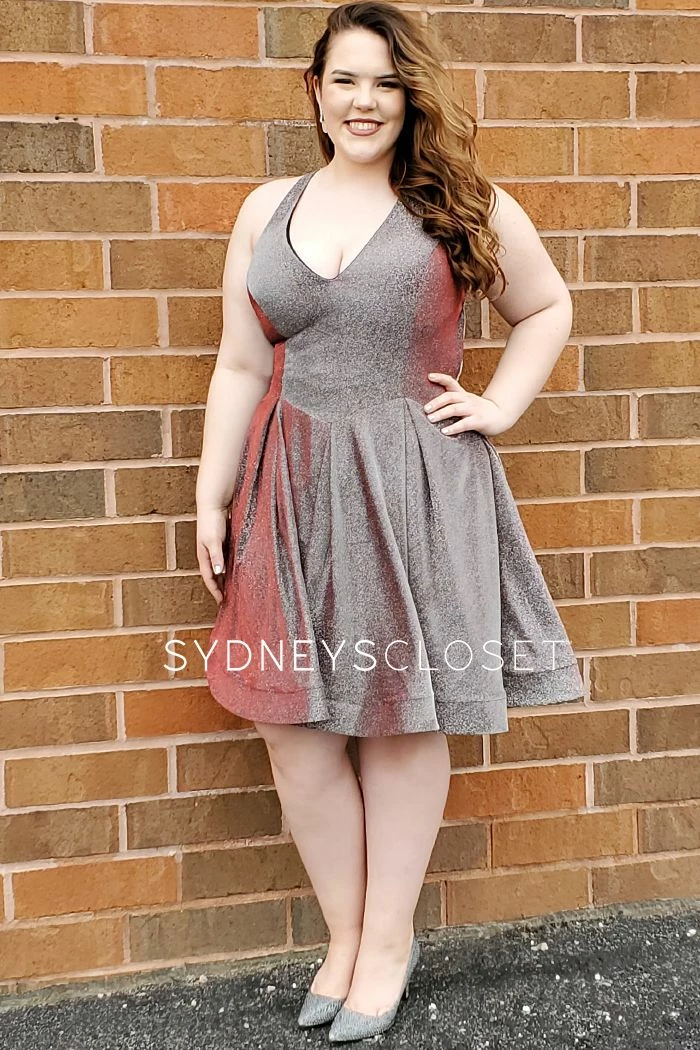 Sydney's Closet 8100 V Neckline Holographic Short Formal Cocktail Dress Plus Sized 4 Sydney's Closet 8100 V Neckline Holographic Short Formal Cocktail Dress Plus Sized