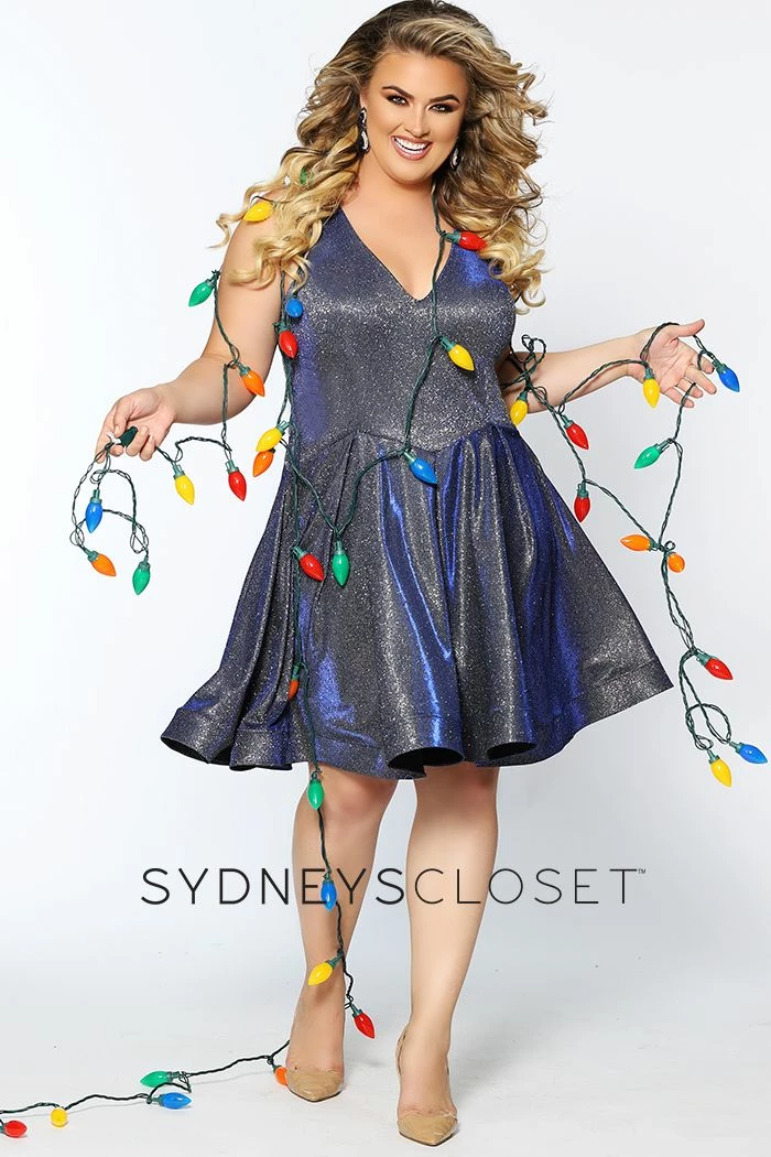 In Stock Sydney's Closet 8100 Sz 14 Cobalt V Neckline Holographic Short Formal Cocktail Dress Plus Sized 5 In Stock Sydney's Closet 8100 Sz 14 Cobalt V Neckline Holographic Short Formal Cocktail Dress Plus Sized