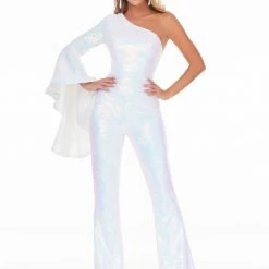 In Stock Ashley Lauren 11047 Size 6 One Long Bell Sleeve Flare Sequin Jumpsuit Pageant Wear