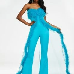 Ashleylauren Jumpsuits & Rompers Ashley Lauren 11133 Strapless Scuba Jumpsuit With Feather Trimmed Overskirt