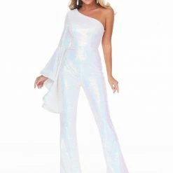 In Stock Ashley Lauren 11047 Size 6 One Long Bell Sleeve Flare Sequin Jumpsuit Pageant Wear