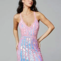 In Stock Primavera Couture 3441 Pink Prom Dress Sequin Embellished Iridescent V Neckline Size 00, 4, 10