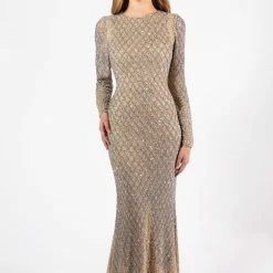 Discontinued Primavera Couture 3361 Sizes 2-24 Beige Long Sleeve Beaded Evening Gown