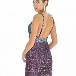 Ashleylauren Sequin Dresses Ashley Lauren 4276 Beaded Short Cocktail Dress With Fringe And Nude Bodysuit