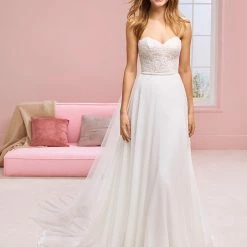 White One Bridal HALSEY Pronovias Wedding Dress Chiffon Pearl & Lace Bodice A Line Corset Dresses