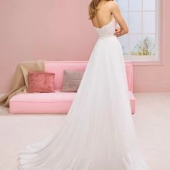 White One Bridal HALSEY Pronovias Wedding Dress Chiffon Pearl & Lace Bodice A Line Corset Dresses