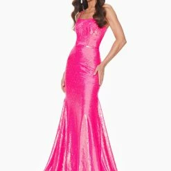 In Stock Mermaid Dresses Ashley Lauren 11024 Sz 10 Neon Blue Sequin Prom Dress With Lace Up Back Pageant Gown