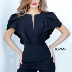 Jovani 00762 Ruffle Top Bell Bottoms Jumpsuit Pageant Skinny V Neck Suit Couture Jumpsuits & Rompers