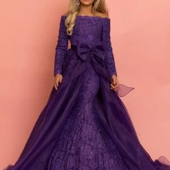 Sugar Kayne Dress C126 Off Shoulder Long Lace Sleeve Mermaid Pageant Dress Overskirt