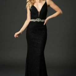 Nina Canacci 2299 Plunging V Neckline Long Lace Wedding Dress Prom Evening Gown