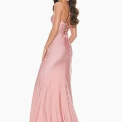 In Stock Corset Dresses Ashley Lauren 11040 Sz 2 Royal Lace Up Back Prom Dress With Twist Knot Detail And Slit