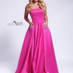 In Stock Ballgown Dresses Allie Blu 5304 Size 10 Long Satin A Line Ballgown Embellished Pockets Prom Dress