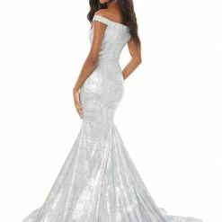 In Stock Ashley Lauren 11007 Size 8 Silver Metallic Jersey Prom Dress Mermaid Shimmer Mermaid Dresses