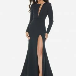 Ashleylauren Ashley Lauren 11018 Long Sleeve Scuba Evening Gown With Asymmetrical Cut Out
