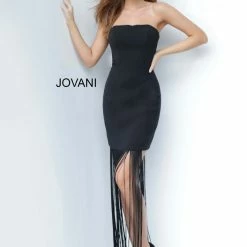 Jovani 1048 Short Straight Neckline Long Fringe Short Black Cocktail Dress Fringe & Tassels
