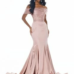 Ashleylauren Ashley Lauren 11023 Off Shoulder Satin Prom Dress With Train Pageant Gown Evening Dress