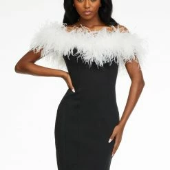 Ashleylauren Ashley Lauren 4490 Fitted Scuba Cocktail Dress With Feather Detail Knee Length