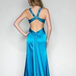 In Stock Backless Dresses Nina Canacci 147166 Size 4 In Peacock Prom Dress Cutout Slit Gown Silk Crystal Straps