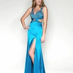 In Stock Backless Dresses Nina Canacci 147166 Size 4 In Peacock Prom Dress Cutout Slit Gown Silk Crystal Straps