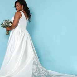 Corset Dresses Sydney's Closet SC5272 Macie Wedding Dress Satin V Neckline Lace Chapel Length Train SC 5272