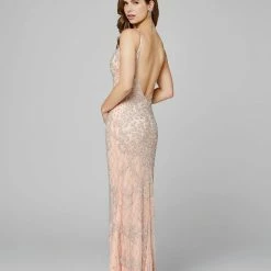In Stock Primavera Couture 3433 Blush Prom Dress Long Beaded V Neckline Formal Dress Backless Dresses