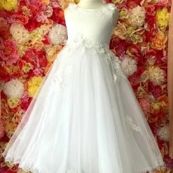 In Stock Joan Calabrese 116377 Size 6 White Flower Girl Dress Floral Applique Sheer Tulle
