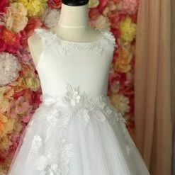 In Stock Joan Calabrese 116377 Size 6 White Flower Girl Dress Floral Applique Sheer Tulle
