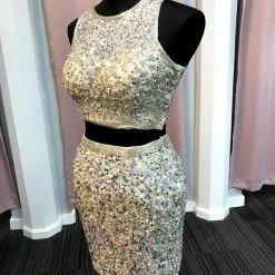 In Stock Primavera Couture 1652 Nude Size 4 Short Sequin Two Piece Cocktail Dress