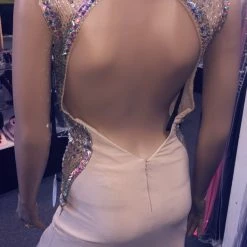 In Stock Milano Formals E 1876 Nude Size 00, 2 V Neckline Prom Dress Embellished Sides Formal Ballgown Dresses