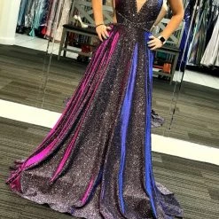 Discontinued Jovani JVN4280 Long Iridescent Shimmer Prom Dress Open Back V Neckline
