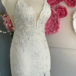 In Stock Jovani JVN00864 Size 20 Ivory Fitted Lace Wedding Dress Prom Dress Slit V Neckline