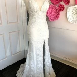 In Stock Jovani JVN00864 Size 20 Ivory Fitted Lace Wedding Dress Prom Dress Slit V Neckline