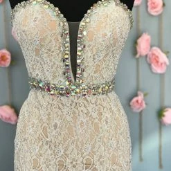 In Stock CLEARANCE Vienna 8136 Mint Size 4 Lace Prom Dress Pageant Gown Crystal Plunging Neckline