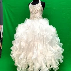 In Stock Ballgown Dresses Little Rosie 2084 Size 6 White Girls Long Ruffle Pageant Dress Glitz Halter Ballgown