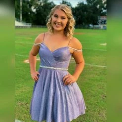 In Stock DQ 3173 Size 16 Short Fit & Flare Shimmer Cocktail Dress Off The Shoulder Crystal Sleeve