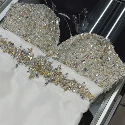 In Stock Riva Designs 6498 White Silver Size 10 Prom Dress Crystal Top Long Gown