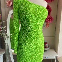 In Stock Ashley Lauren 4457 Size 00, 14, 16 Cocktail Dress One Shoulder Sheer Long Sleeve Fitted