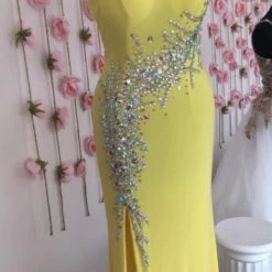 In Stock Jovani JVN 99350 Yellow Size 8 One Shoulder Jersey Prom DressPageant Gown