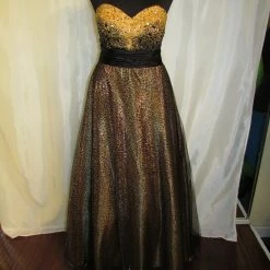 In Stock Animal Print Dresses Riva Designs 6570 Size 12 Long Animal Print Ballgown Strapless Shimmer Cheetah Dress