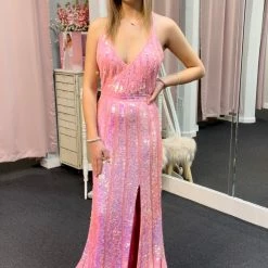 In Stock Primavera Couture 3441 Pink Prom Dress Sequin Embellished Iridescent V Neckline Size 00, 4, 10