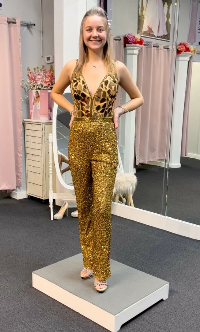 In Stock Backless Dresses Primavera Couture 3608 Size 4 Copper Sequin Jumpsuit Formal Cut Glass V Neck Pant 19 In Stock Backless Dresses Primavera Couture 3608 Size 4 Copper Sequin Jumpsuit Formal Cut Glass V Neck Pant