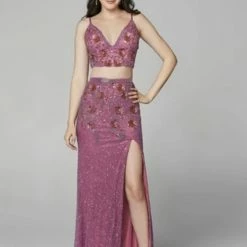 In Stock Primavera Couture 3647 Size 8 Raspberry Beaded Two Piece Prom Dress Backless Slit Backless Dresses