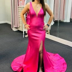 In Stock Mermaid Dresses Jovani 06125 Sz 6 Hot Pink Metallic Prom Dress Sheer Slit Mermaid Sexy Pageant Gown