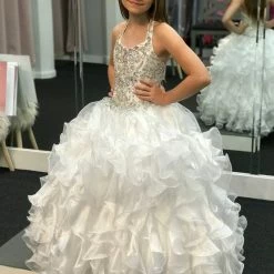 In Stock Ballgown Dresses Little Rosie 2084 Size 6 White Girls Long Ruffle Pageant Dress Glitz Halter Ballgown