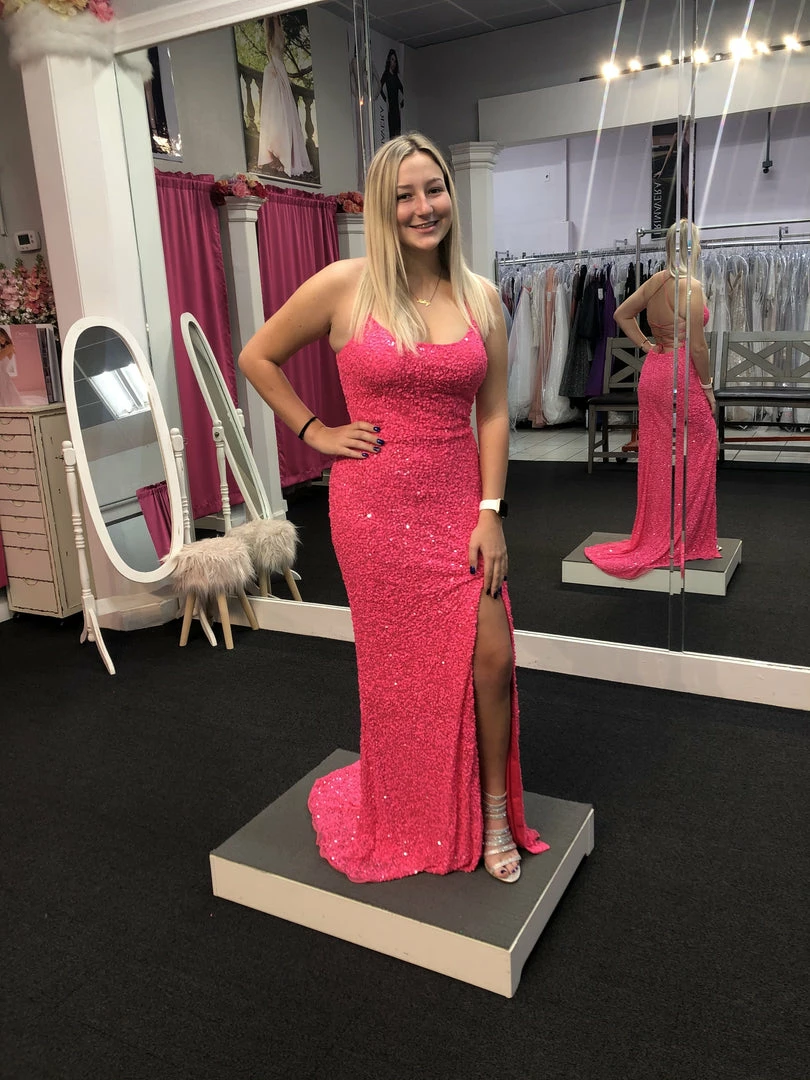 In Stock Primavera Couture 3290 Size 0 Fuchsia Prom Dress Sequins Long Fitted Tie Back Scoop Neckline 34 In Stock Primavera Couture 3290 Size 0 Fuchsia Prom Dress Sequins Long Fitted Tie Back Scoop Neckline