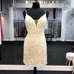In Stock Ashley Lauren 4257 Short Beaded Cocktail Dress Formal Ivory Gown Beaded Sequin