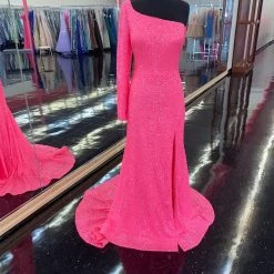In Stock Backless Dresses Amarra 87262 Neon Pink Prom Dress Size 16 One Long Sleeve Prom Dress Slit