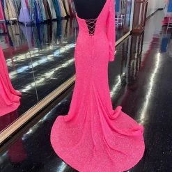 In Stock Backless Dresses Amarra 87262 Neon Pink Prom Dress Size 16 One Long Sleeve Prom Dress Slit
